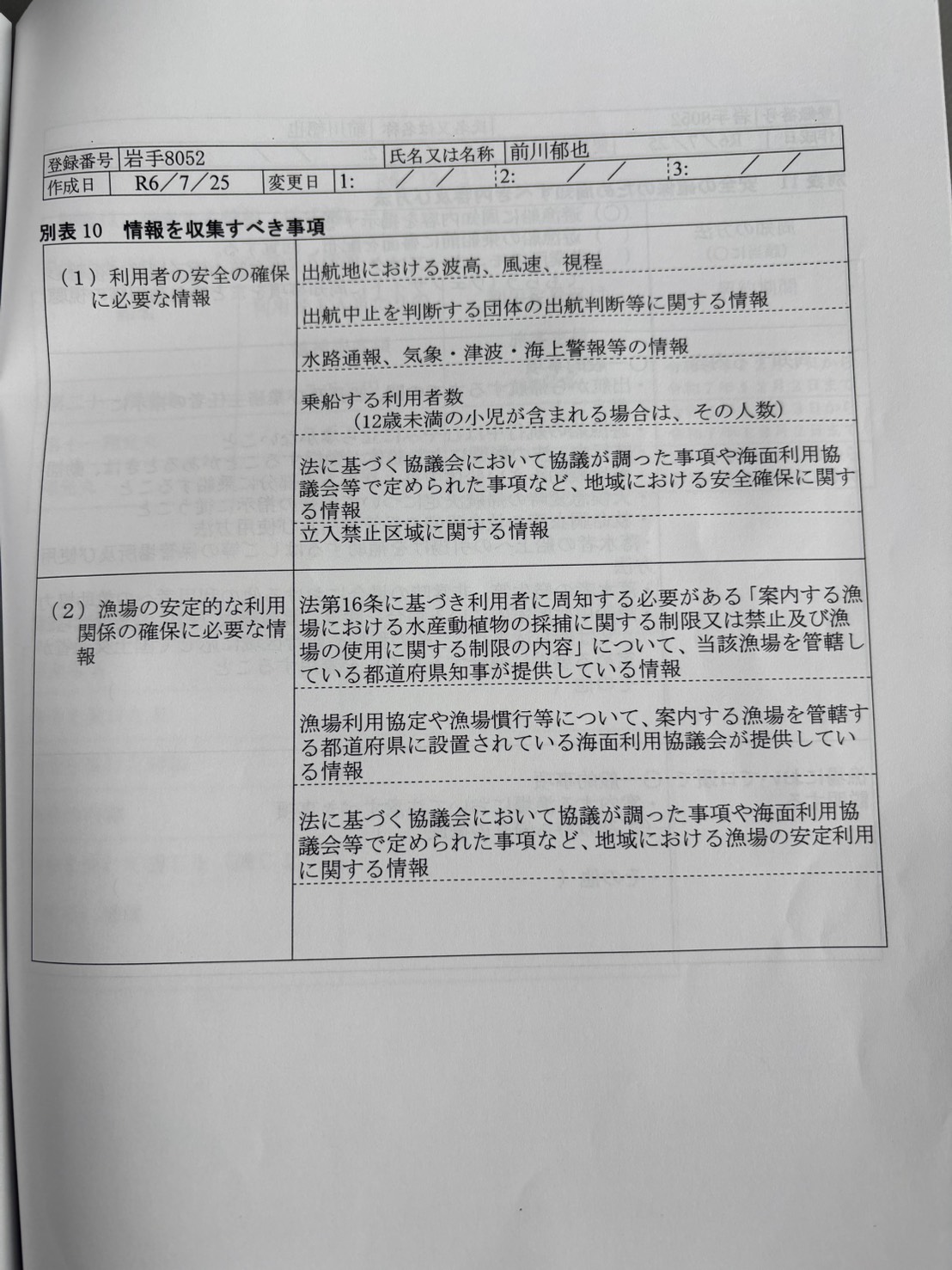 別表10:情報を収集すべき事項。原本写真。別画面で拡大できます。