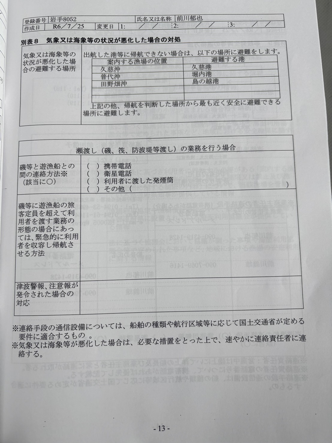 別表8:気象又は海象等の状況が悪化した場合の対処。原本写真。別画面で拡大できます。